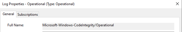 Windows Event Log Properties showing the full name, Microsoft-Windows-CodeIntegrity/Operational, of the Code Integrity operational log