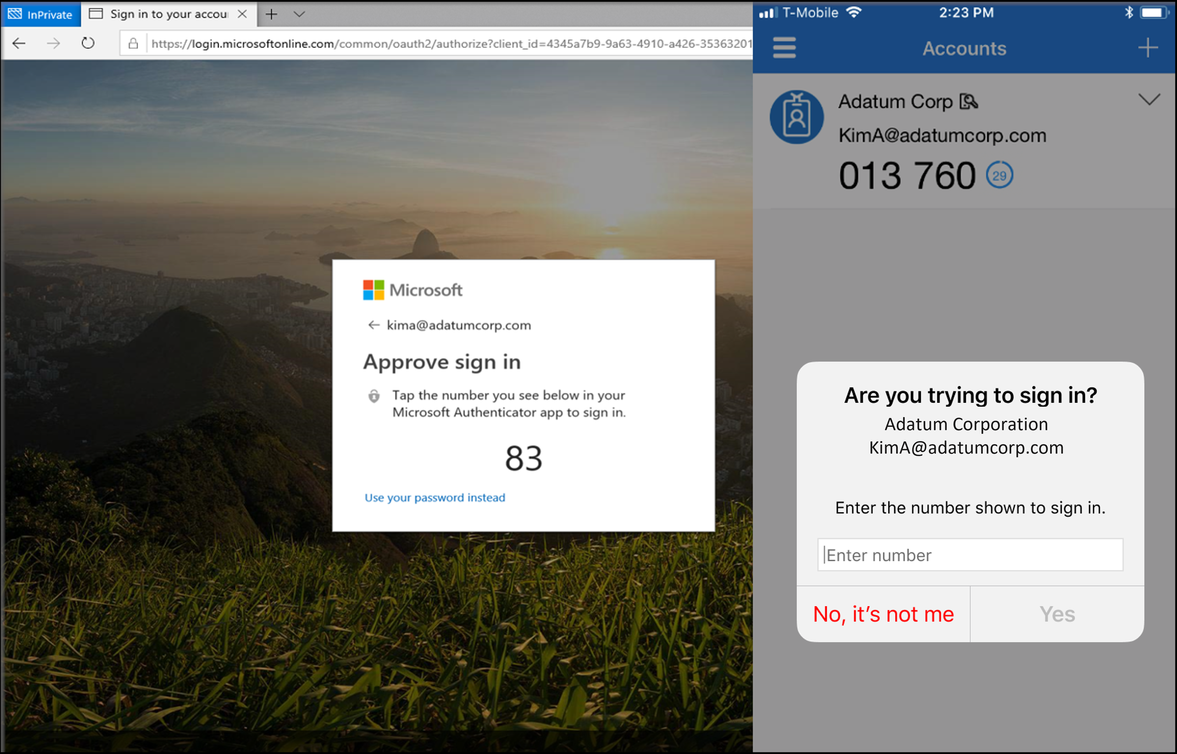 Microsoft Authenticator app with number matching enabled